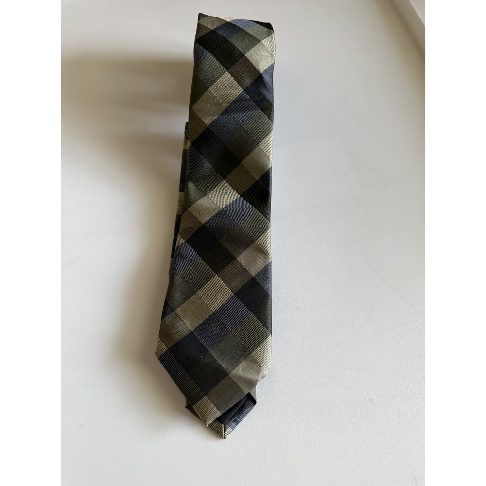 Brand Q Italy Mens Plaid Necktie Olive Green Charcoal Tan Model 2089-J NWT